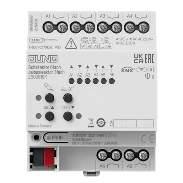 KNX актуатор коммутирующий 6 групп, KNX актуатор жалюзи 3 группы, 16 A / 140 мкФ, устройство для крепления на Din-рейку