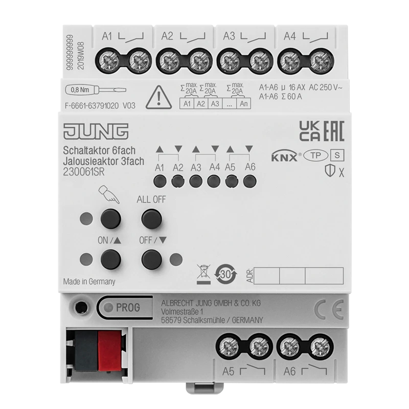 KNX актуатор коммутирующий 6 групп, KNX актуатор жалюзи 3 группы, 16 A / 140 мкФ, устройство для крепления на Din-рейку