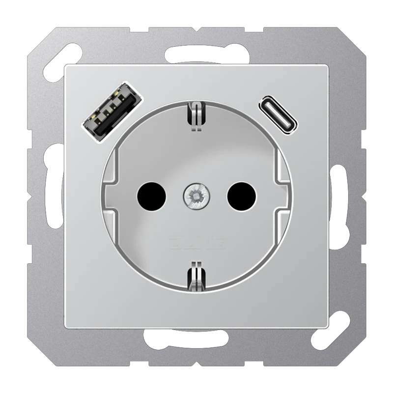 SCHUKO®-розетка с зарядным USB-устройством, Safety Plus, Лакированный термопласт, алюминий