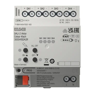 KNX актуатор DALI-2 Colour, 4 группы, устройство для крепления на Din-рейку, 4 установочных модуля, KNX Data Secure 