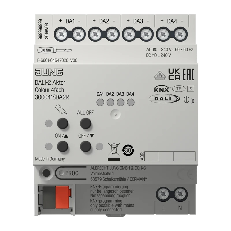 KNX актуатор DALI-2 Colour, 4 группы, устройство для крепления на Din-рейку, 4 установочных модуля, KNX Data Secure 