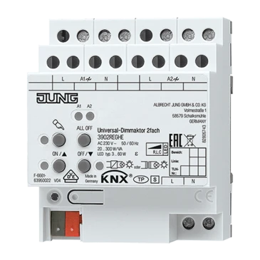 KNX LED диммер универсальный, 2 группы, устройство для крепления на Din-рейку, 4 установочных модуля