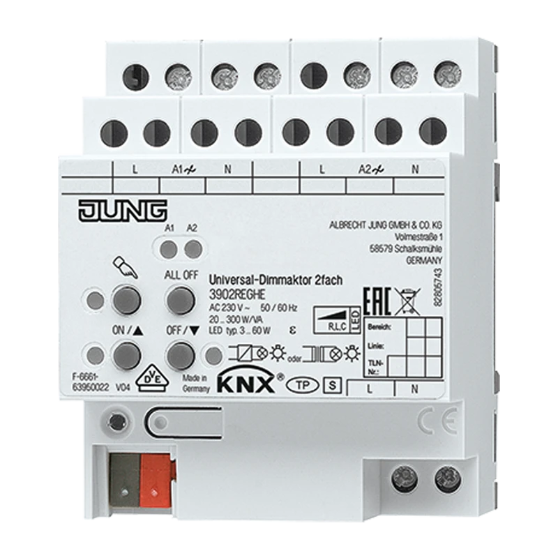 KNX LED диммер универсальный, 2 группы, устройство для крепления на Din-рейку, 4 установочных модуля