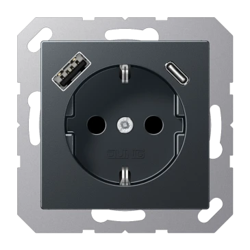 SCHUKO®-розетка с зарядным USB-устройством, Safety Plus, Лакированный термопласт, матовый антрацит