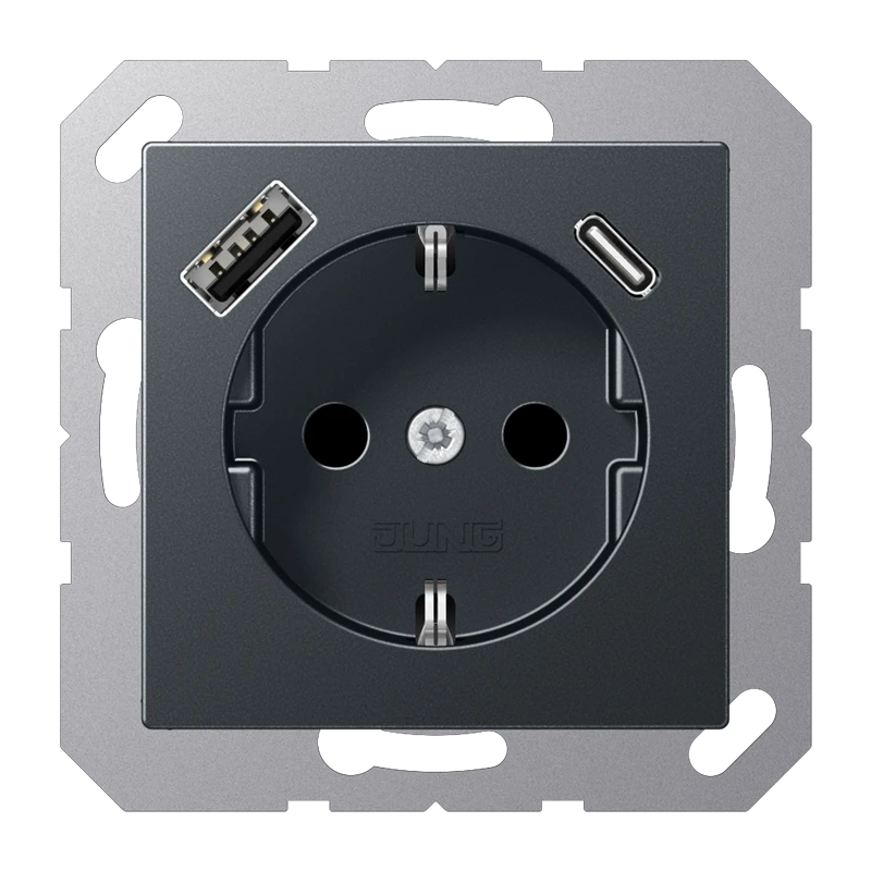 SCHUKO®-розетка с зарядным USB-устройством, Safety Plus, Лакированный термопласт, матовый антрацит