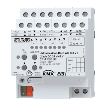KNX актуатор жалюзи 4 группы AC 110-230 В, 2 группы DC 12-48 В, устройство для крепления на Din-рейку