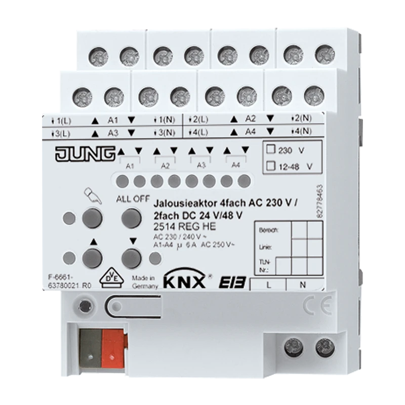 KNX актуатор жалюзи 4 группы AC 110-230 В, 2 группы DC 12-48 В, устройство для крепления на Din-рейку