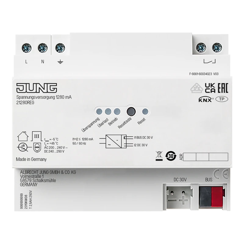KNX блок питания, 1.280 мA, устройство для крепления на Din-рейку, 6 установочных модулей