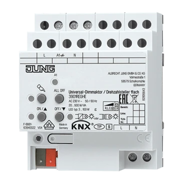 KNX СД универсальный регулятор яркости / регулятор скорости, одинарный, устройство для крепления на Din-рейку, 4 установочных модуля
