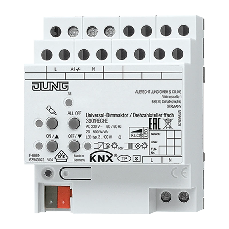 KNX СД универсальный регулятор яркости / регулятор скорости, одинарный, устройство для крепления на Din-рейку, 4 установочных модуля