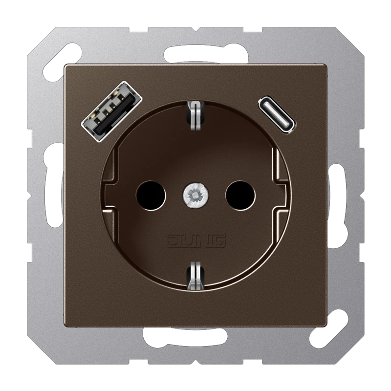 SCHUKO®-розетка с зарядным USB-устройством, Safety Plus, Лакированный термопласт, цвет мокко