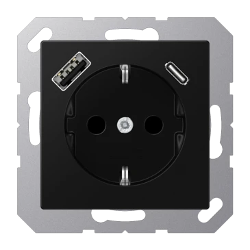 SCHUKO®-розетка с зарядным USB-устройством, Safety Plus, Лакированный термопласт, матовый чёрный гра