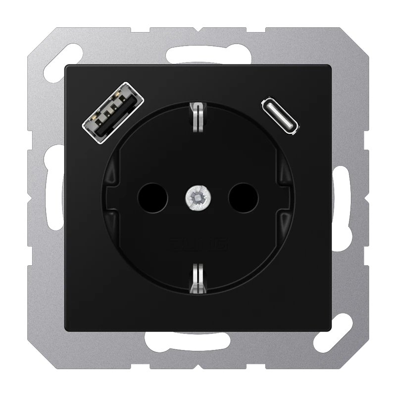 SCHUKO®-розетка с зарядным USB-устройством, Safety Plus, Лакированный термопласт, матовый чёрный гра
