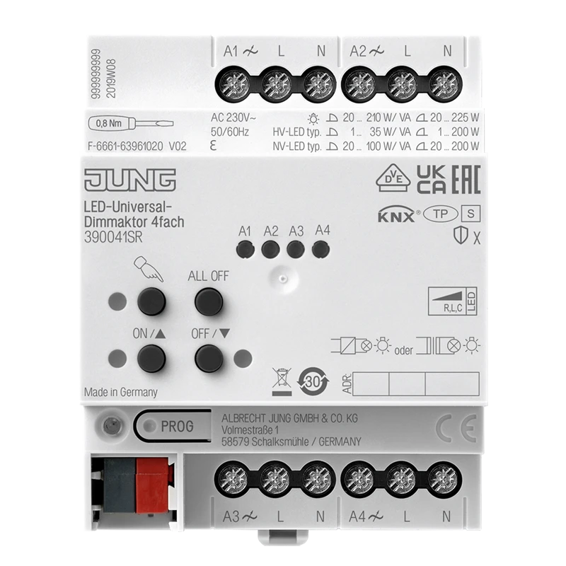 KNX LED диммер универсальный, 4 группы, устройство для крепления на Din-рейку, 4 установочных модуля
