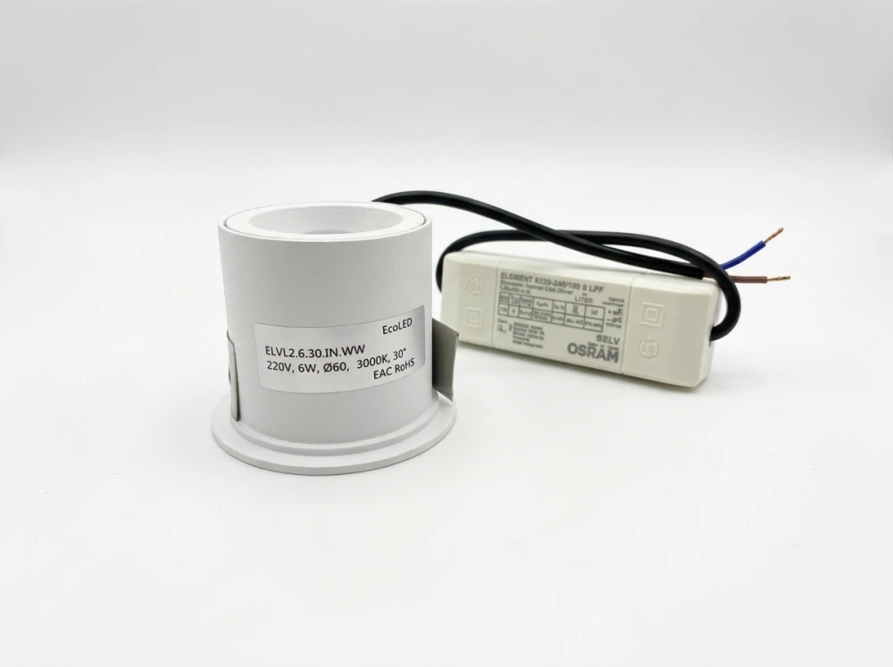 Встраиваемый светильник VELA2 220V, 6W, Ø60, 3000K, 30°, белый + серебристый рефлектор
