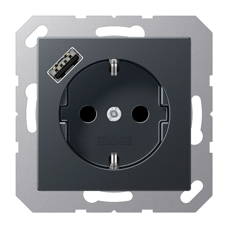 SCHUKO®-розетка с зарядным USB-устройством (быстрая зарядка JUNG Quick Charge®), Safety Plus, Лакированный термопласт